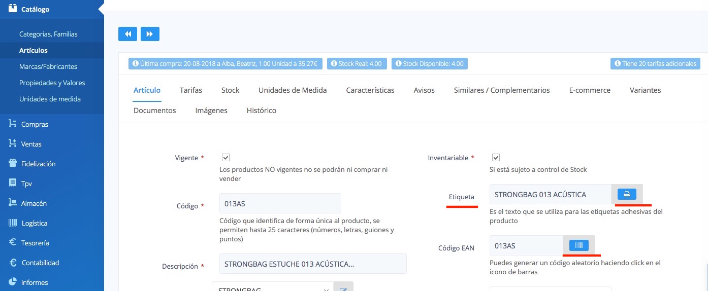 Impresión de etiquetas desde la ficha del artículo